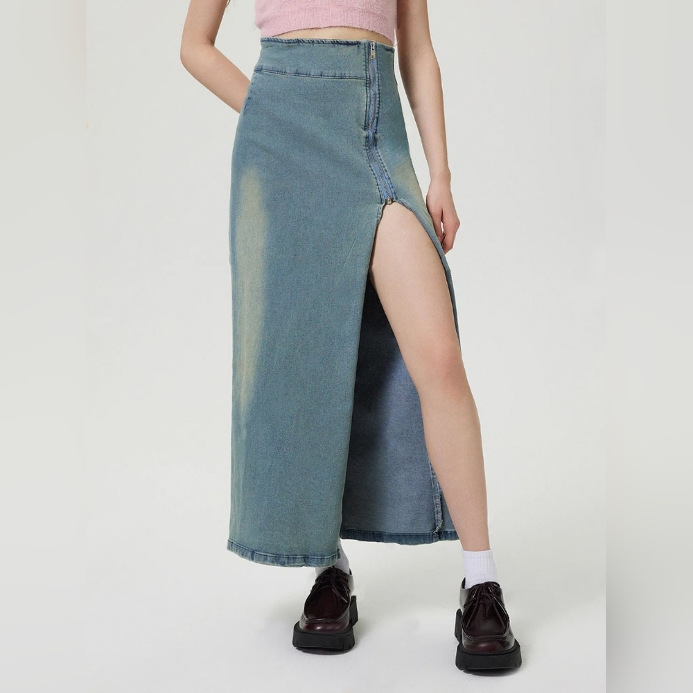 Zipper High-Rise Asymmetrical Cutout Slit Bent Seam Denim Retro Jean Midi Skirt